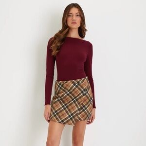 LULU’S Tan Plaid Faux Wrap Mini Skirt- S (NWT)